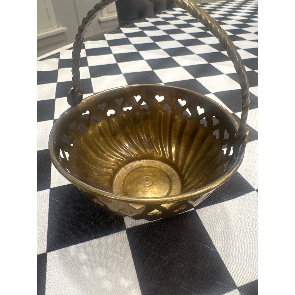 Vintage Brass small Heart Cutout Basket Fluted Bowl Twisted Rope Handle
